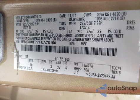 2015 Ford Escape S from USA, damaged, VIN 1FMCU0F77FUA78150